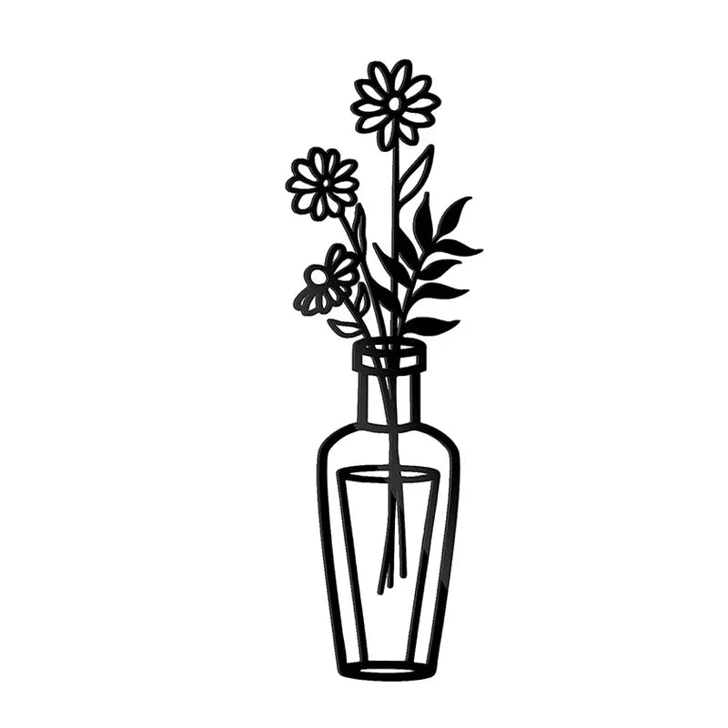Blumen in einer Vase Schwarze Metall Wandkunst 3D Skulpturierte Eisenkunst Wanddekorationen für Wohnzimmer Esszimmer Kreative Nordische Wohnkultur