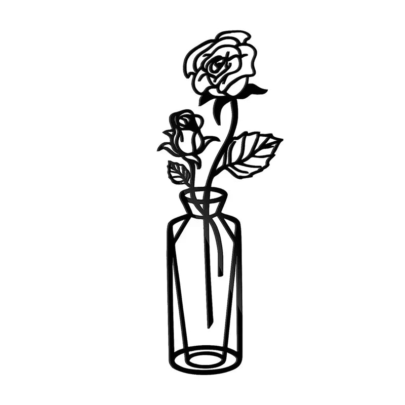 Blumen in einer Vase Schwarze Metall Wandkunst 3D Skulpturierte Eisenkunst Wanddekorationen für Wohnzimmer Esszimmer Kreative Nordische Wohnkultur
