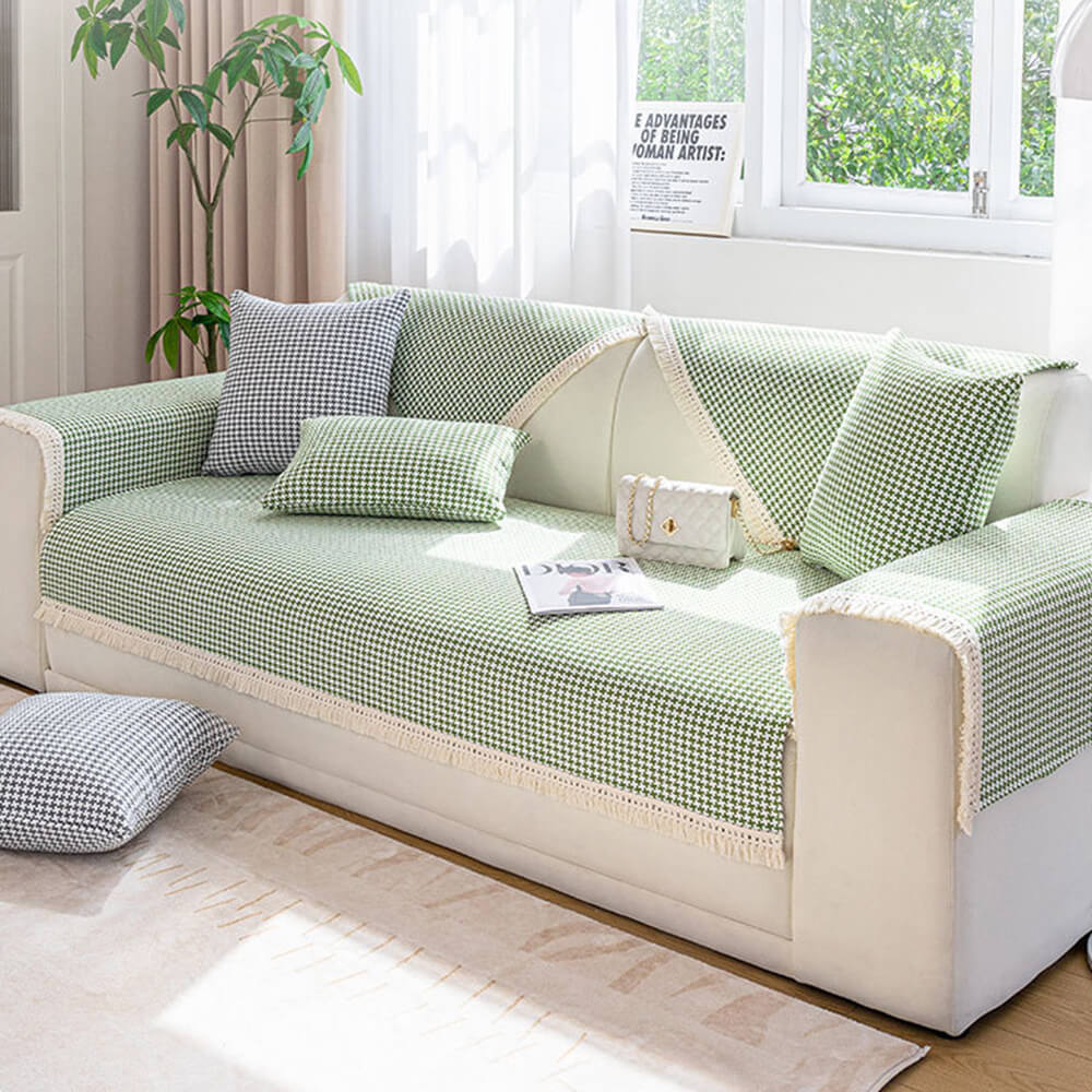 Hahnentrittmuster Elegante Fransen Weiche Baumwoll-Leinen Couchbezug | Brehn