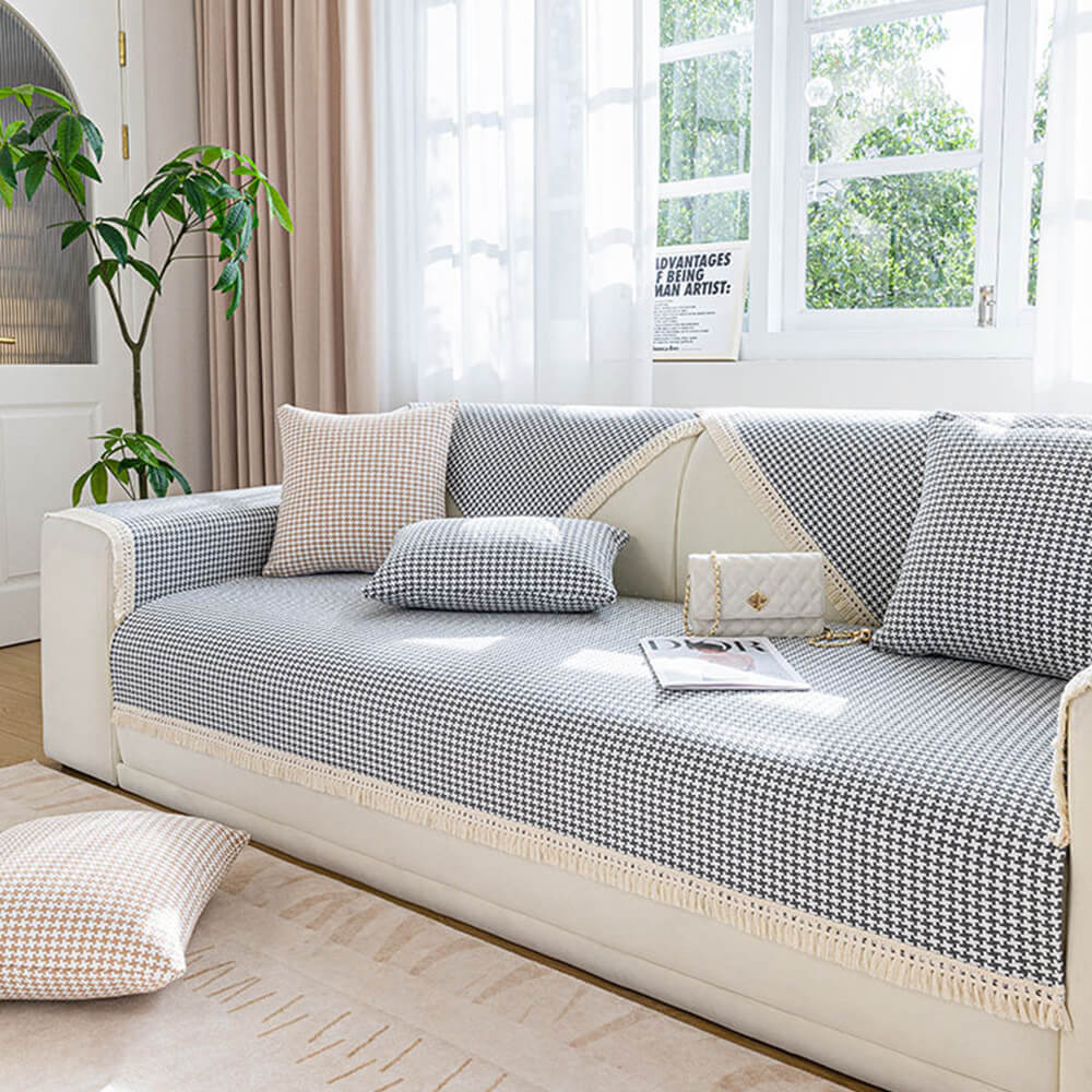 Hahnentrittmuster Elegante Fransen Weiche Baumwoll-Leinen Couchbezug | Brehn