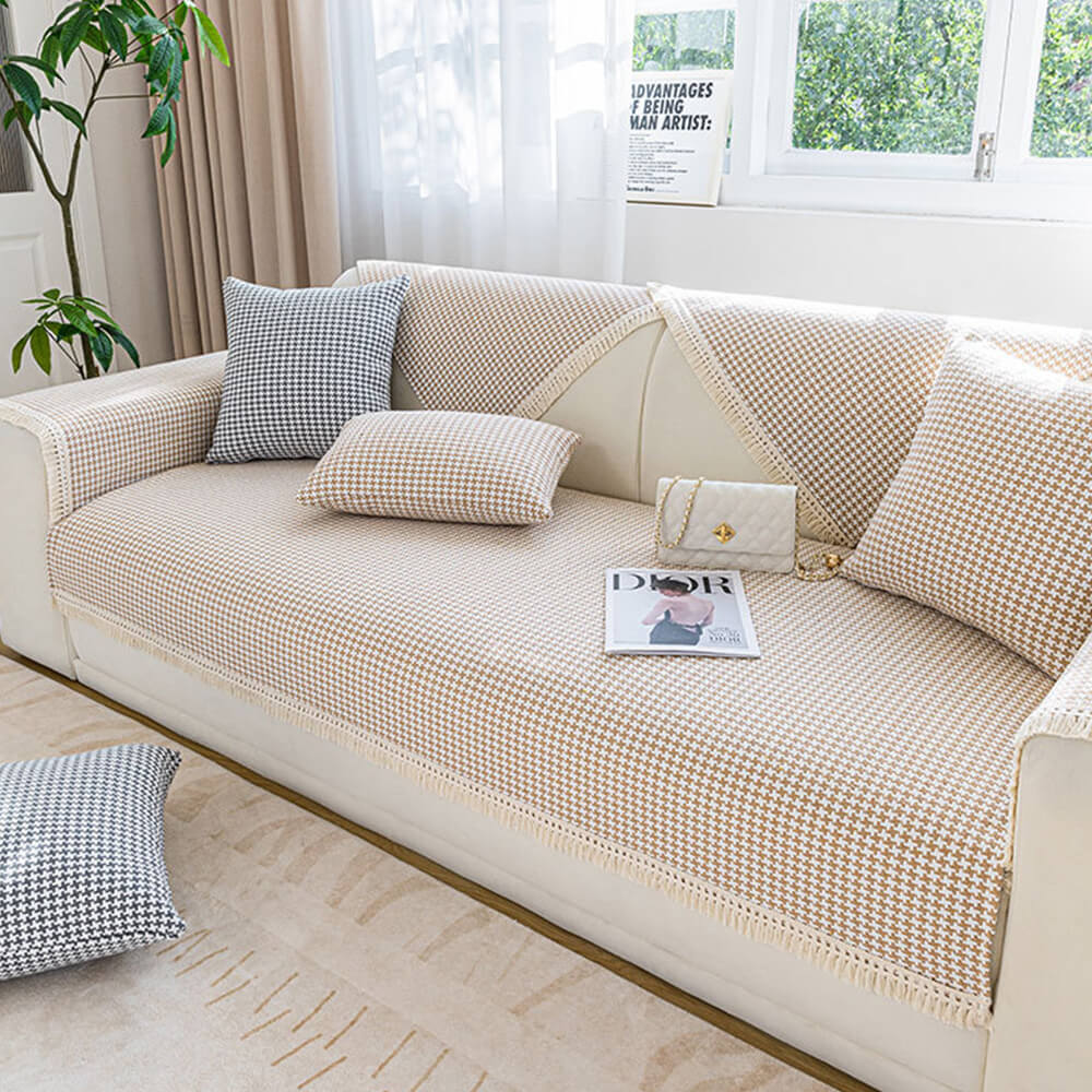Hahnentrittmuster Elegante Fransen Weiche Baumwoll-Leinen Couchbezug | Brehn