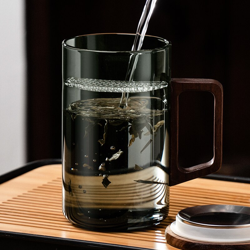 Brehn | GIANXI Teetasse mit Mondfilter Japanischer Holzgriff hitzebeständige Glastassen Teeblatttrennung Teetassenset
