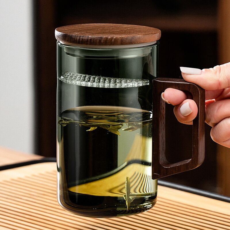 Brehn | GIANXI Teetasse mit Mondfilter Japanischer Holzgriff hitzebeständige Glastassen Teeblatttrennung Teetassenset