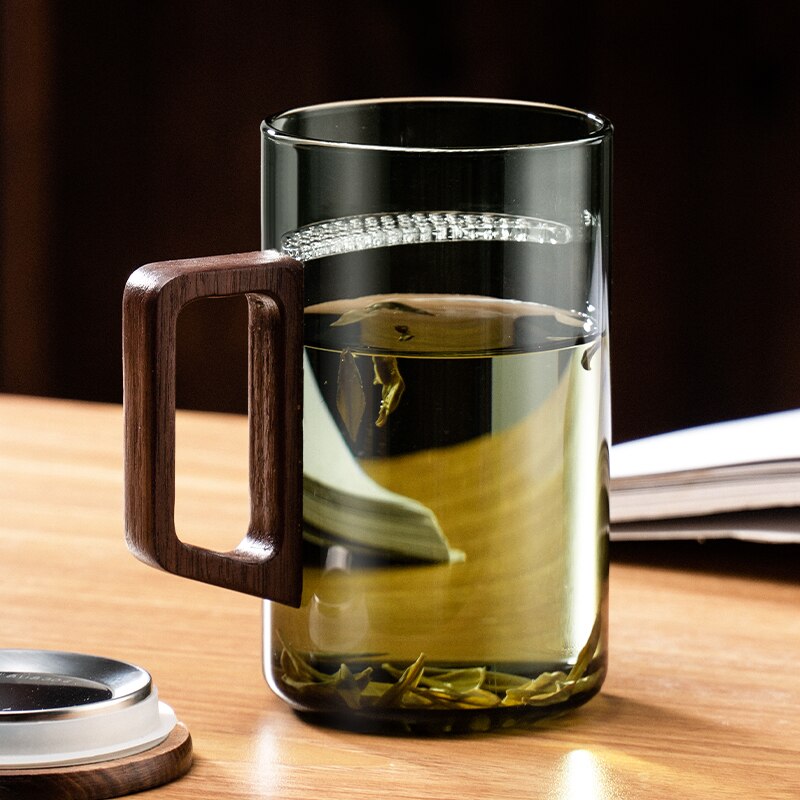Brehn | GIANXI Teetasse mit Mondfilter Japanischer Holzgriff hitzebeständige Glastassen Teeblatttrennung Teetassenset