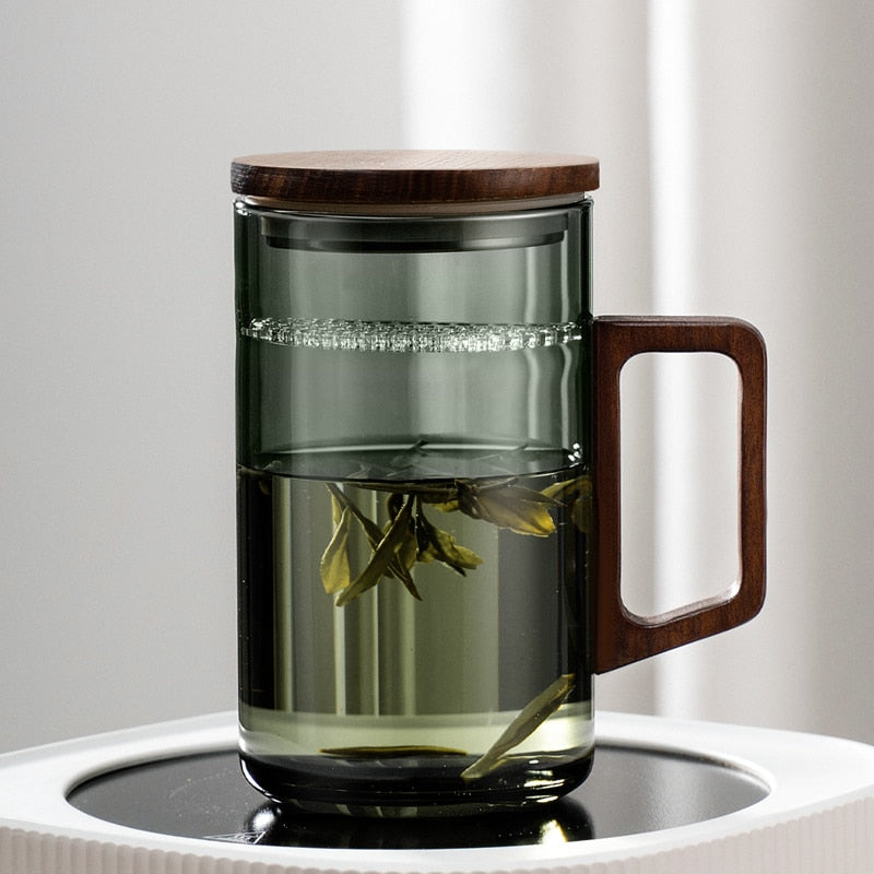 Brehn | GIANXI Teetasse mit Mondfilter Japanischer Holzgriff hitzebeständige Glastassen Teeblatttrennung Teetassenset