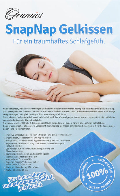 SNAPNAP Gel-Schaum-Kissen mit Kopfmulde + Kühlgel-Pads, 50 x 30 cm, Höhe 10 cm, ergonomisch und hypoallergen | Brehn