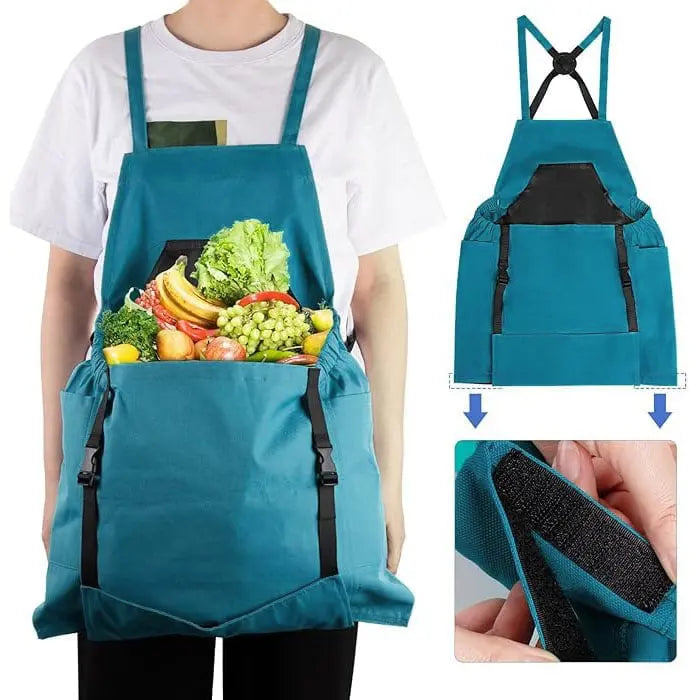 Gartenschürze mit Kreuzträgern – Große Entleerungstasche & Brusttasche