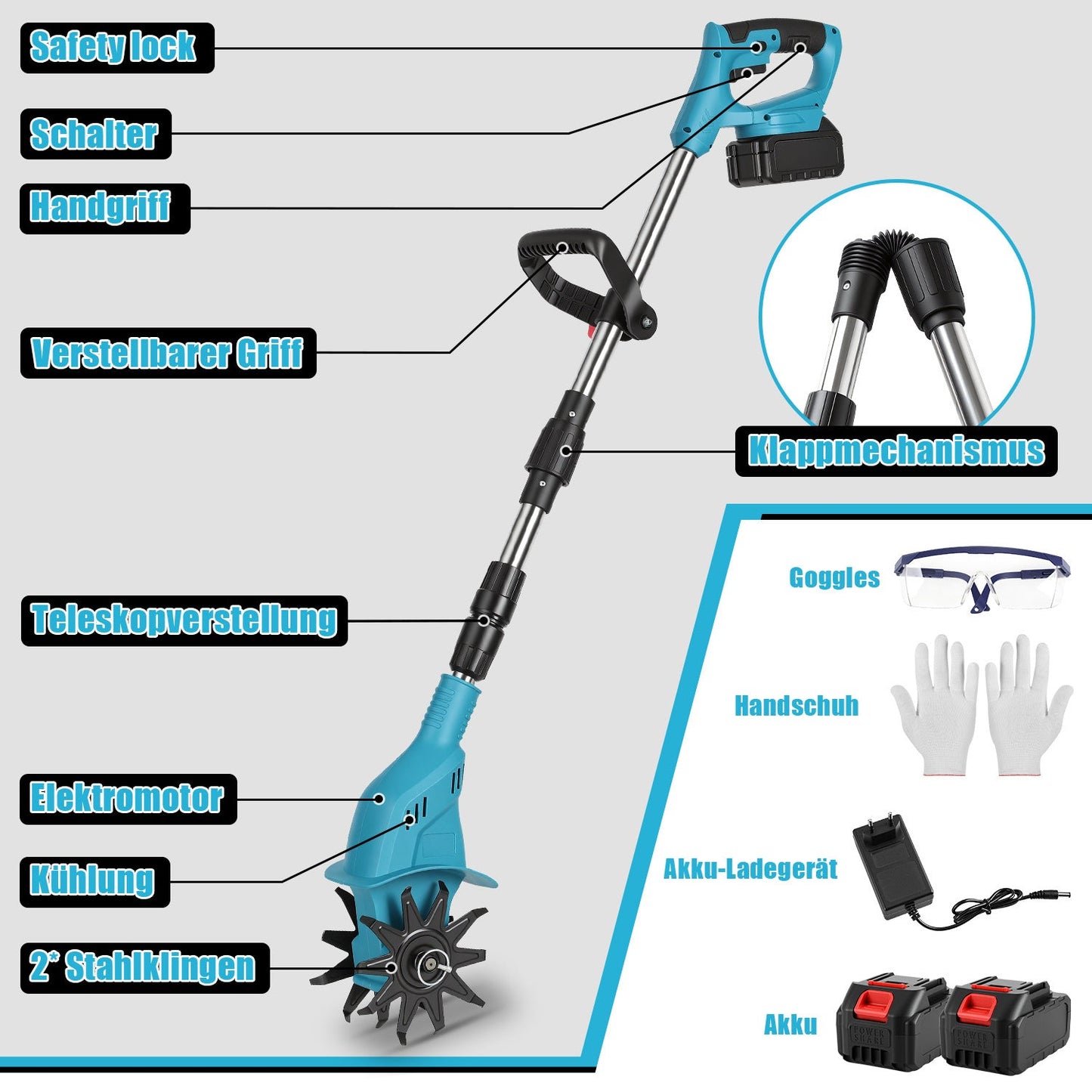 550W Akku Gartenfräse mit 2 Akkus Tragbar | Brehn