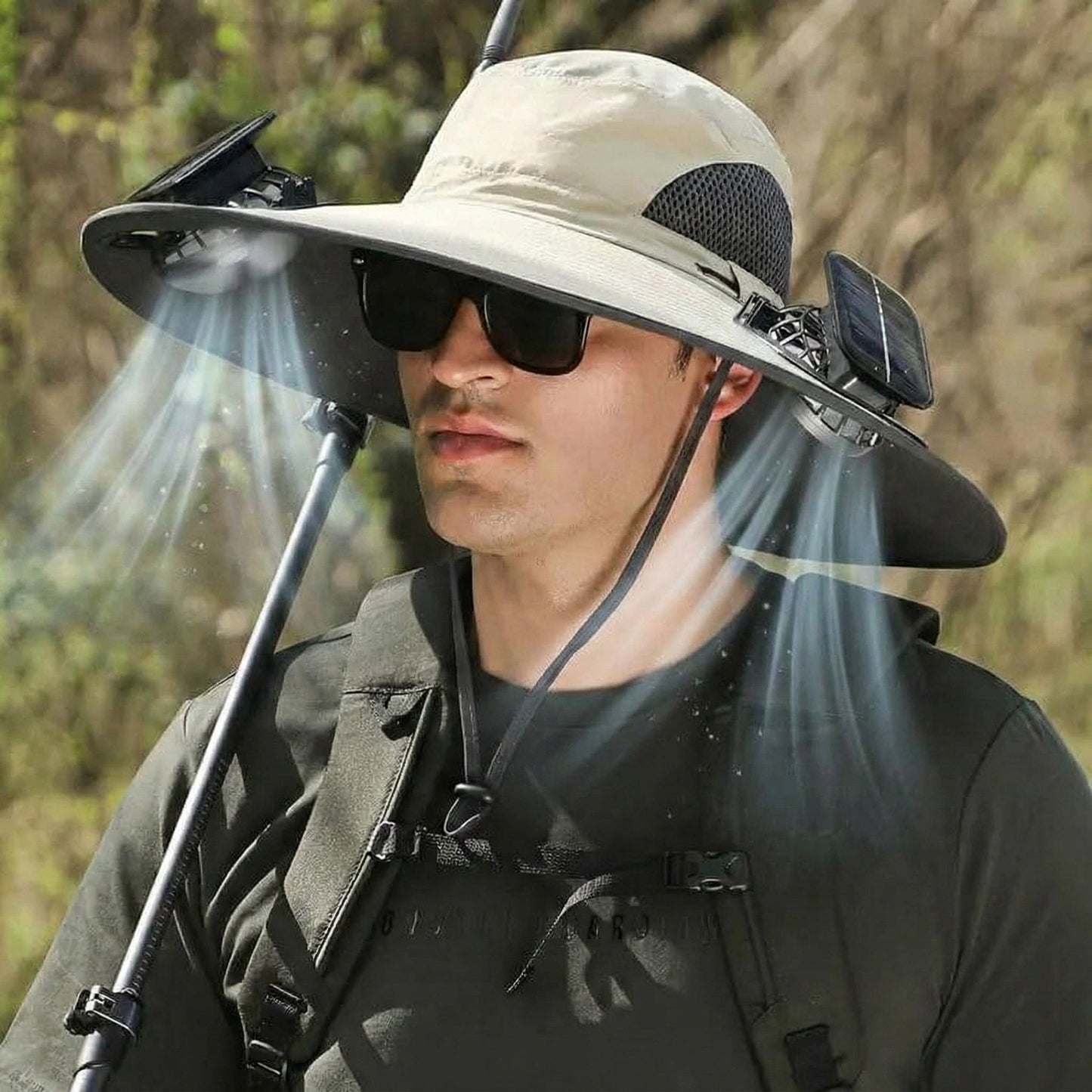 Outdoor Breitkrempiger Sonnenhut mit 2 Solarventilatoren, UV-Schutz für Männer und Frauen, Kühlhut für Camping und Wandern | Brehn