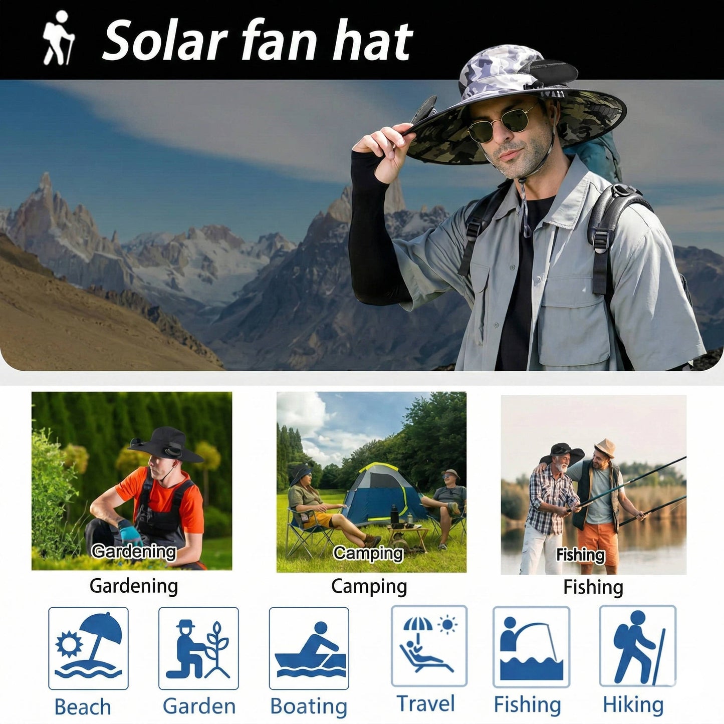 Outdoor Breitkrempiger Sonnenhut mit 2 Solarventilatoren, UV-Schutz für Männer und Frauen, Kühlhut für Camping und Wandern | Brehn