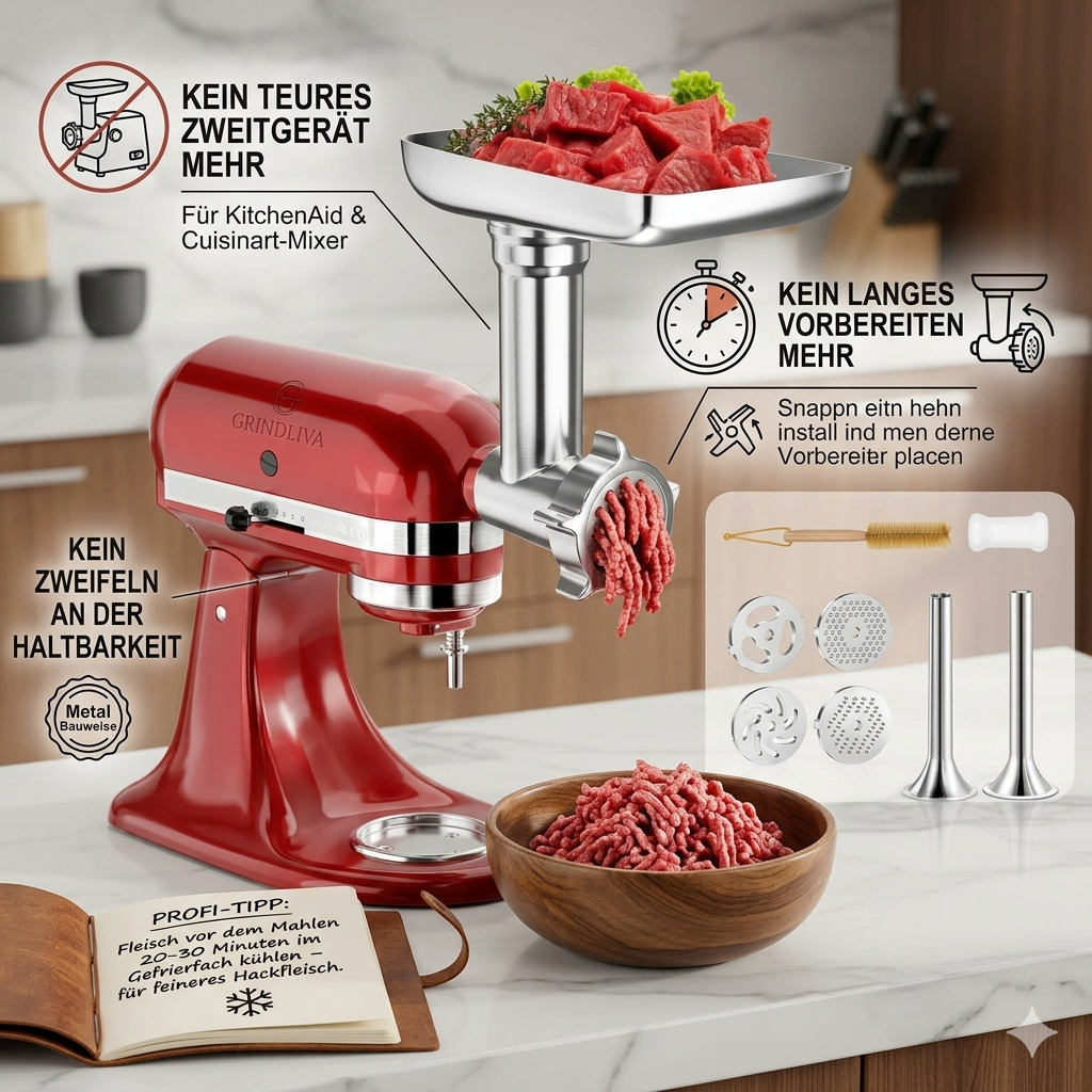 GRINDLIVA Fleischwolfaufsatz für KitchenAid | Brehn
