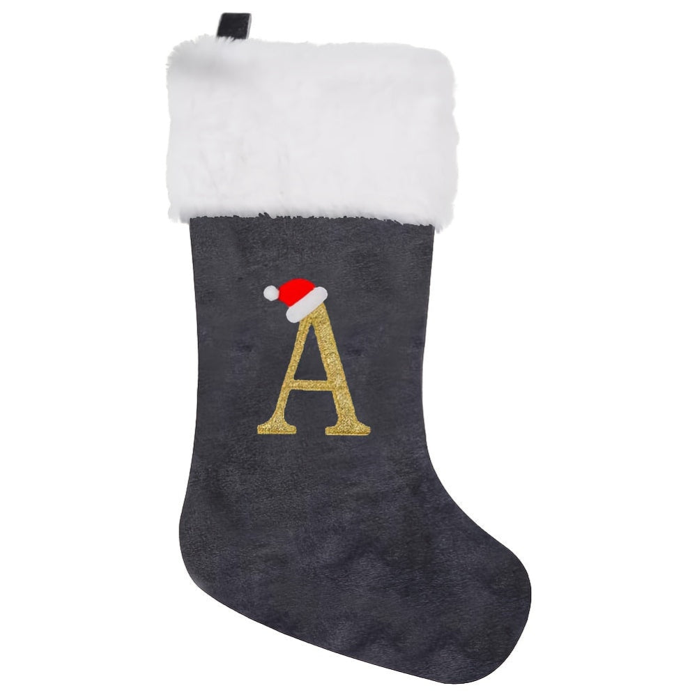 Brehn | Personalisierte Samt-Weihnachtsstrumpf mit Monogramm – Modernes Grau Design