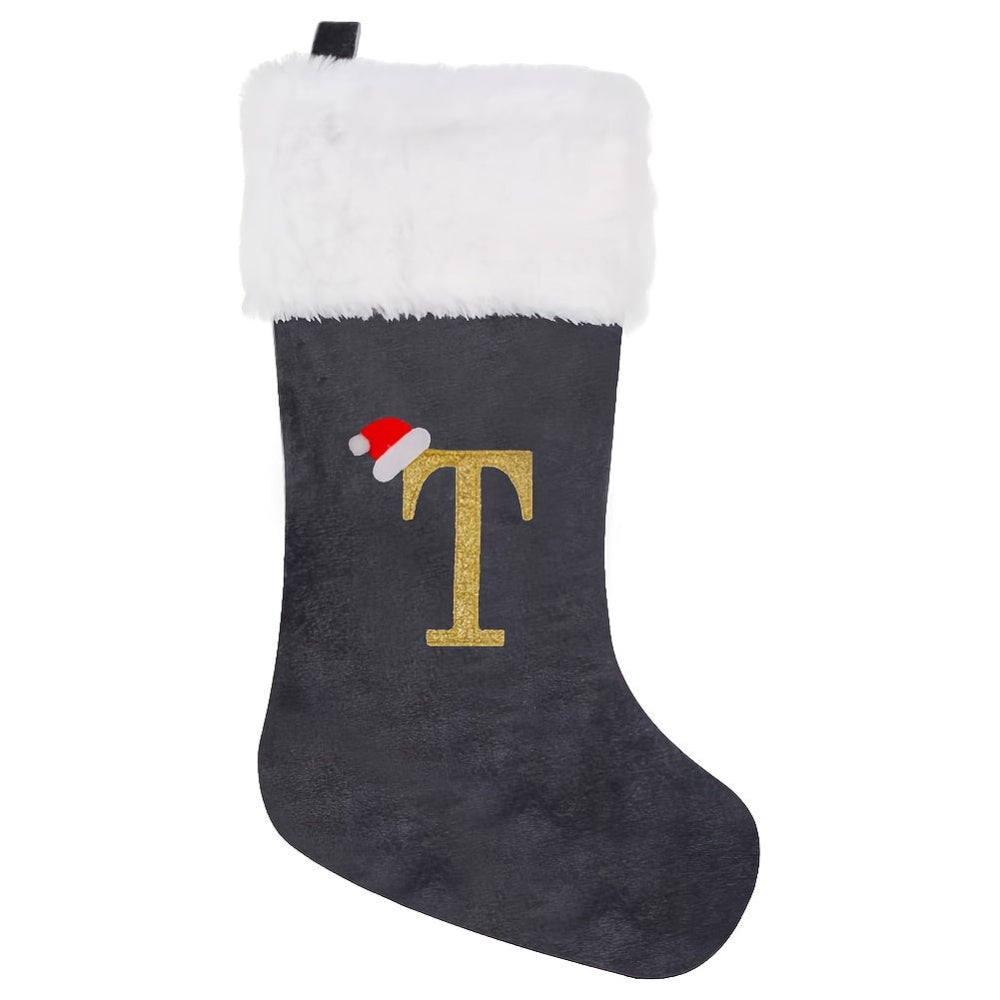 Brehn | Personalisierte Samt-Weihnachtsstrumpf mit Monogramm – Modernes Grau Design