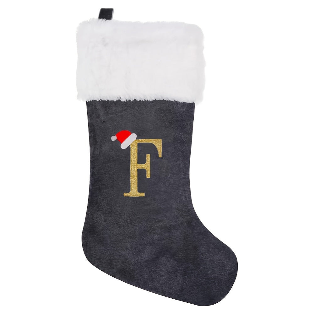 Brehn | Personalisierte Samt-Weihnachtsstrumpf mit Monogramm – Modernes Grau Design