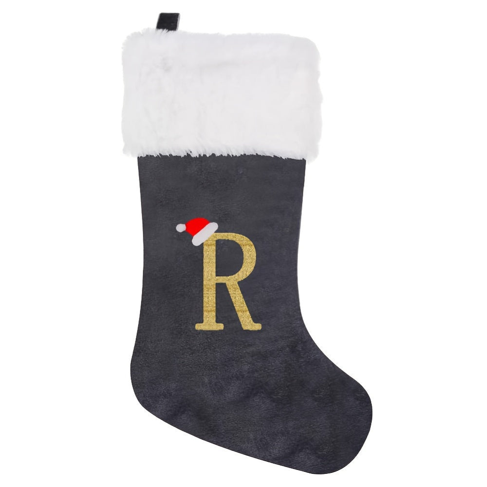 Brehn | Personalisierte Samt-Weihnachtsstrumpf mit Monogramm – Modernes Grau Design