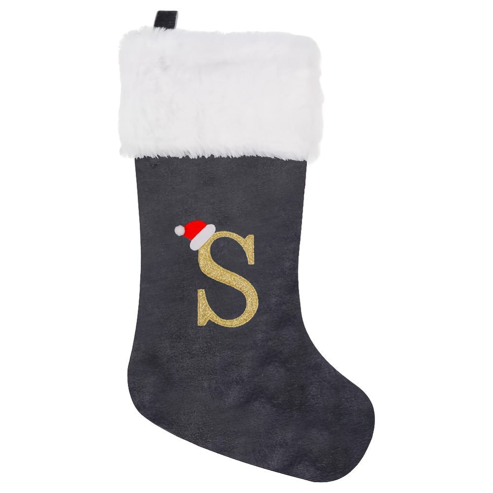 Brehn | Personalisierte Samt-Weihnachtsstrumpf mit Monogramm – Modernes Grau Design