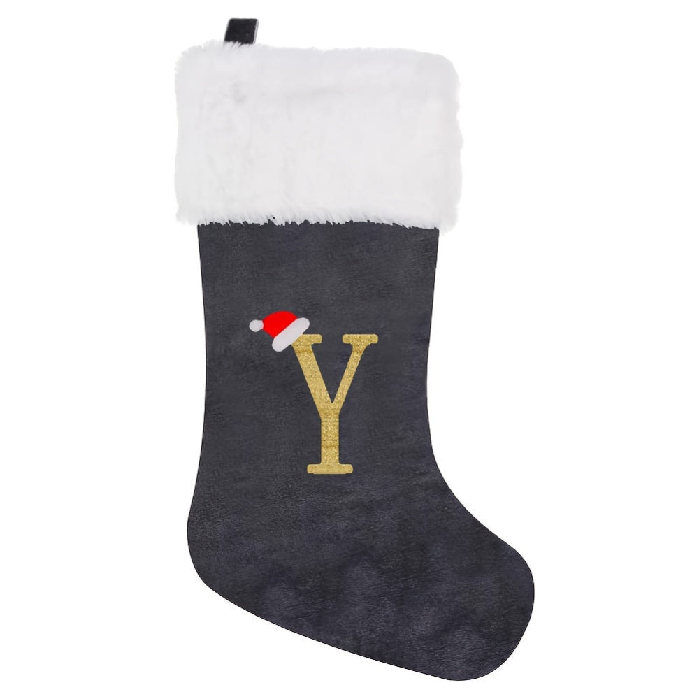 Brehn | Personalisierte Samt-Weihnachtsstrumpf mit Monogramm – Modernes Grau Design
