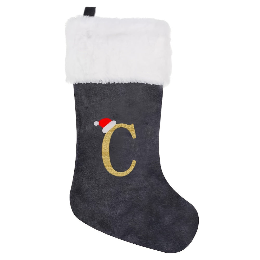 Brehn | Personalisierte Samt-Weihnachtsstrumpf mit Monogramm – Modernes Grau Design
