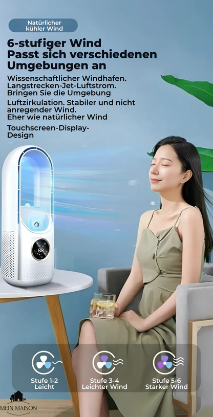 Airevo Luftkühler | Klingenloser USB Ventilator | 6 Stufen | Leise & Mit Timer | Luftbefeuchtung | Brehn