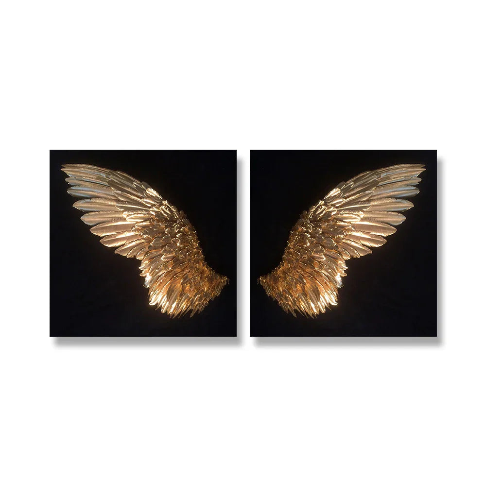 Goldene Engel Flügel Wandkunst Fine Art Poster Drucke Elegante vergoldete Feder Diptychon Leinwanddruck für moderne Schlafzimmerdekoration
