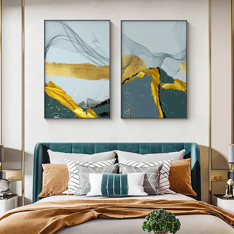 Blaue Goldene Minimalistische Wandkunst Feine Kunst Leinwanddrucke Skandinavische Abstrakte Bilder Für Moderne Wohnung Wohnzimmer Home Office Dekor