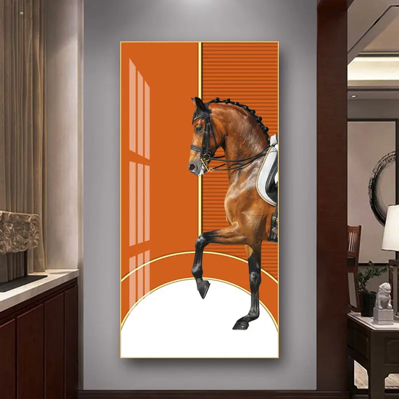 Elegante Reiter Wandkunst Fine Art Leinwanddruck Majestätisches Braunes Pferdeporträt auf abstraktem orangen Hintergrund für Bilder für moderne Inneneinrichtung