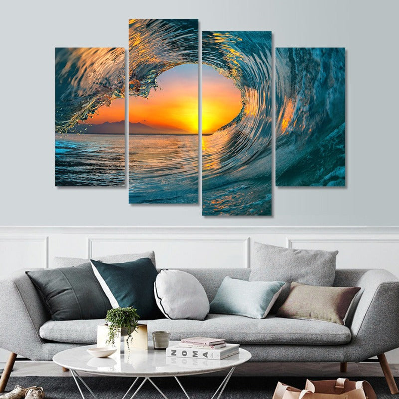 5-teiliges abstraktes Sonnenuntergang durch Ozeanwelle - Leinwand Wandkunstgemälde