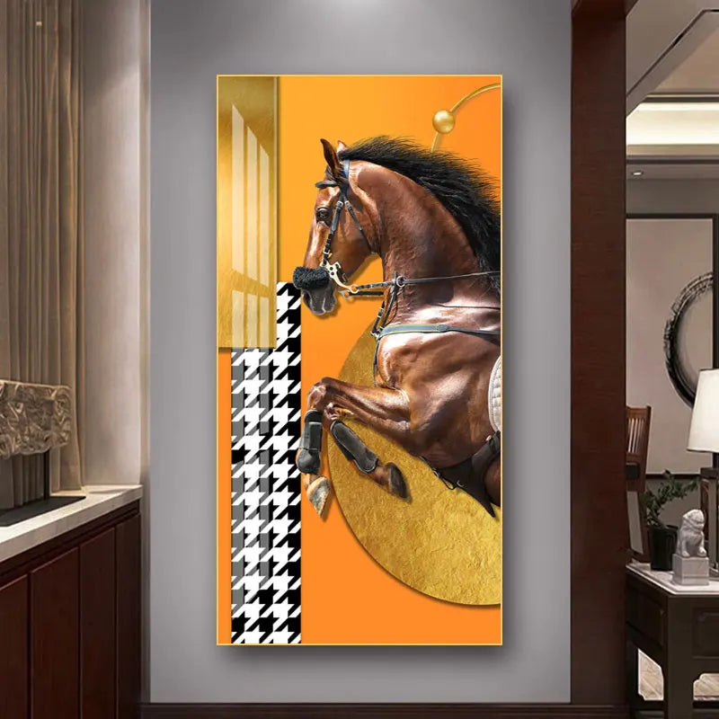 Elegante Reiter Wandkunst Fine Art Leinwanddruck Majestätisches Braunes Pferdeporträt auf abstraktem orangen Hintergrund für Bilder für moderne Inneneinrichtung