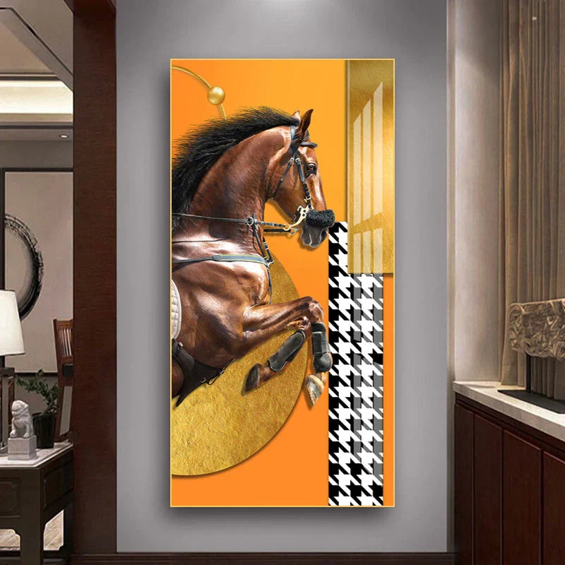 Elegante Reiter Wandkunst Fine Art Leinwanddruck Majestätisches Braunes Pferdeporträt auf abstraktem orangen Hintergrund für Bilder für moderne Inneneinrichtung