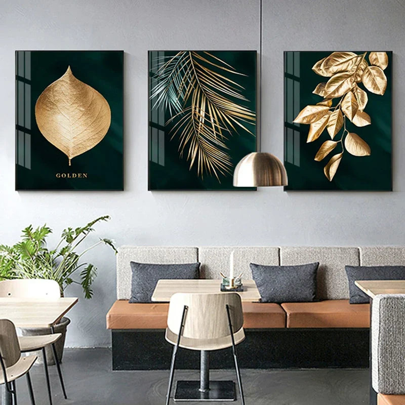 Set von 3 Teilen Goldenes Blatt Wandkunst Minimalistische Nordische Tropische Pflanzen Feine Kunst Leinwanddrucke Bilder Für Wohnzimmer Esszimmer Kunst Dekor
