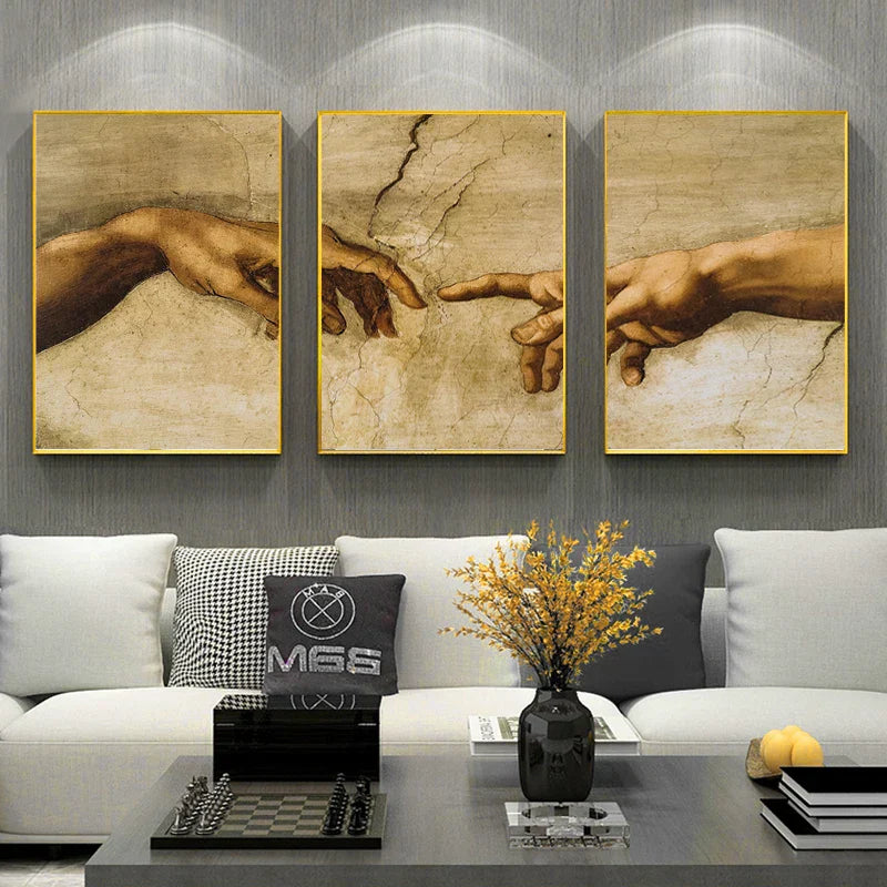 Set aus 3 Pcs Michelangelo Hand Gottes Wandkunst Feine Kunst Leinwanddrucke Berühmtes Gemälde Die Erschaffung Adams Bilder für das Wohnzimmer