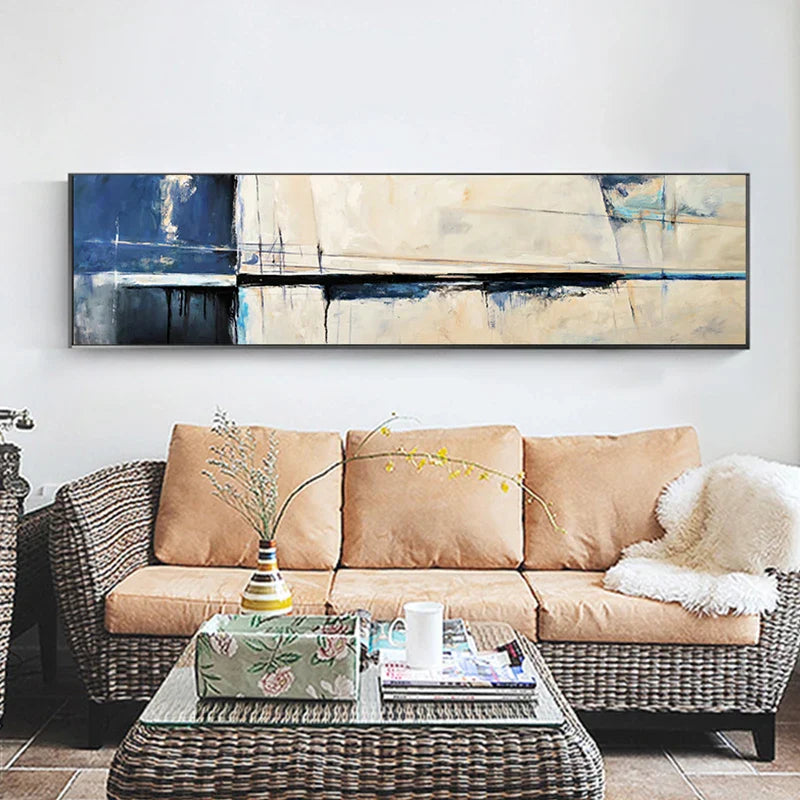 Blaue Beige Breite Format Vintage Abstrakte Wandkunst Fine Art Leinwanddruck Moderne Kunst Für Wohnzimmer Über Dem Sofa Bild Für Über Dem Bett