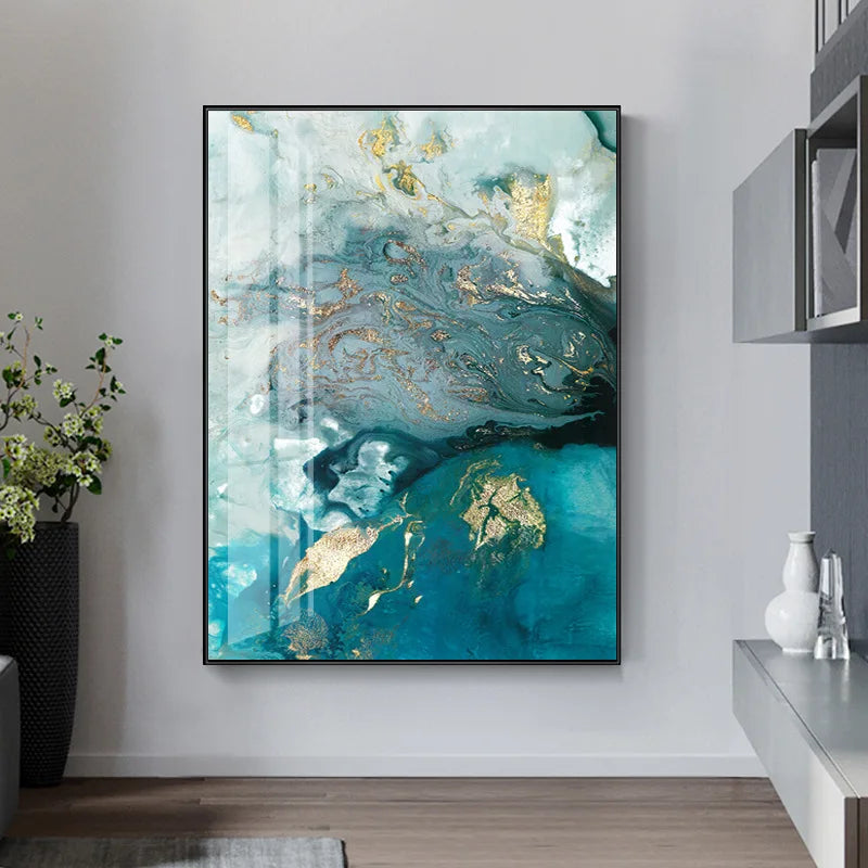 Abstrakt Aqua Blau Grün Jade Gold Flüssig Marmor Druck Wandkunst Fine Art Leinwanddrucke Bilder Für Luxuriöse Wohnzimmer Kunstdekoration | Brehn