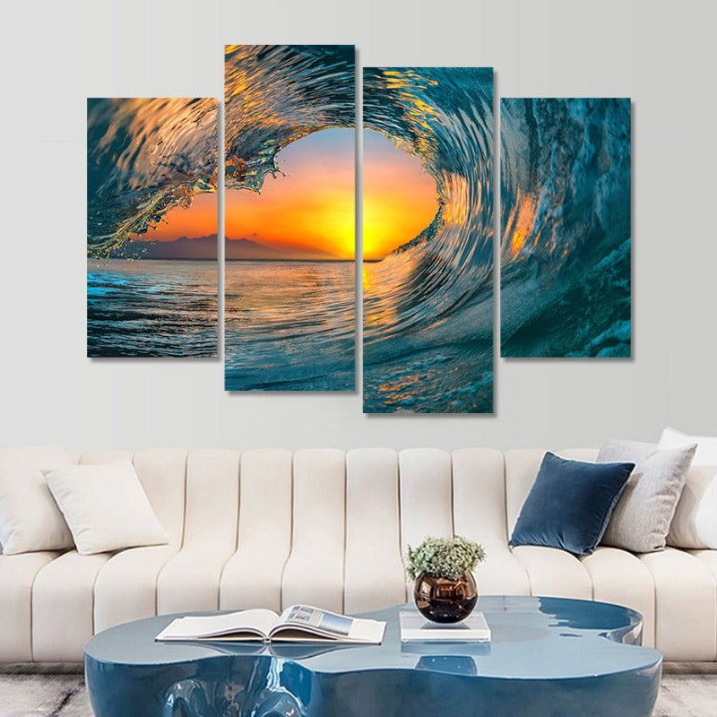 5-teiliges abstraktes Sonnenuntergang durch Ozeanwelle - Leinwand Wandkunstgemälde