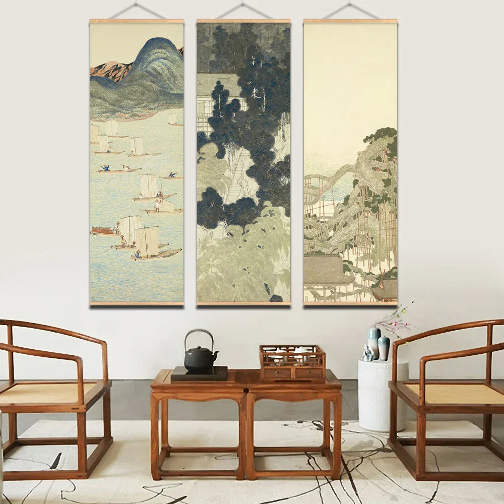 Japanische Ou-Mi Ukiyoe Scroll Druck Poster Landschaft Wandkunst Bilder Wohnzimmer Vintage Malerei Bauernhaus Wohnkultur