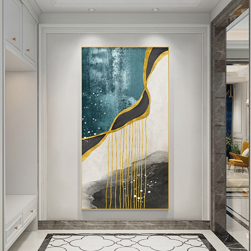 Abstrakte Goldene Regen Vertikale Format Wandkunst Fine Art Leinwanddrucke Bilder Für Eingangsbereich Empfang Wohnzimmer Kunst Dekor | Brehn