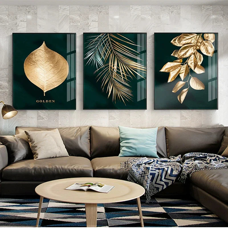 Set von 3 Teilen Goldenes Blatt Wandkunst Minimalistische Nordische Tropische Pflanzen Feine Kunst Leinwanddrucke Bilder Für Wohnzimmer Esszimmer Kunst Dekor