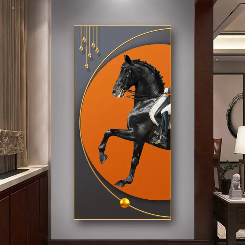 Elegante Reiter Wandkunst Fine Art Leinwanddruck Majestätisches Braunes Pferdeporträt auf abstraktem orangen Hintergrund für Bilder für moderne Inneneinrichtung