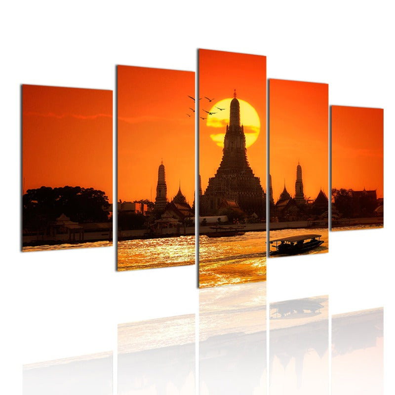 5 Stück Abstrakte Sonnenuntergang Tempel Bangkok Thailand - Leinwand Wandkunst Gemälde