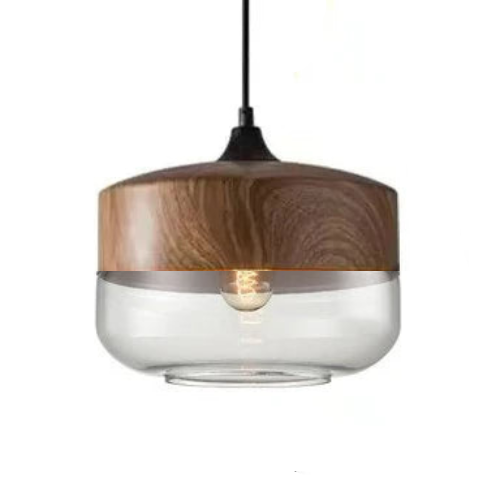 Handgeblasene Pendelleuchte aus Glas und Holz, verstellbar