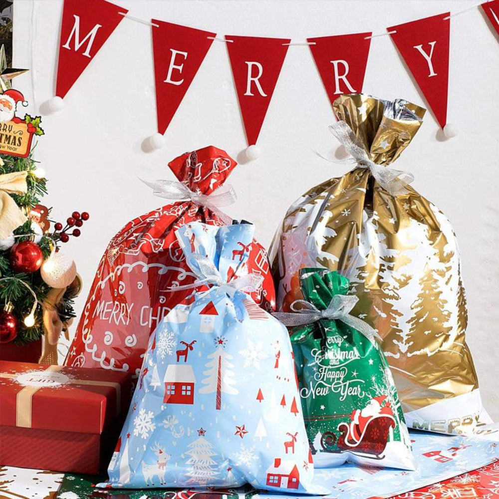 Brehn | Wiederverwendbare Weihnachtsgeschenktaschen aus Aluminiumfolie – Umweltfreundliche Verpackung in verschiedenen Größen mit silbernem Band