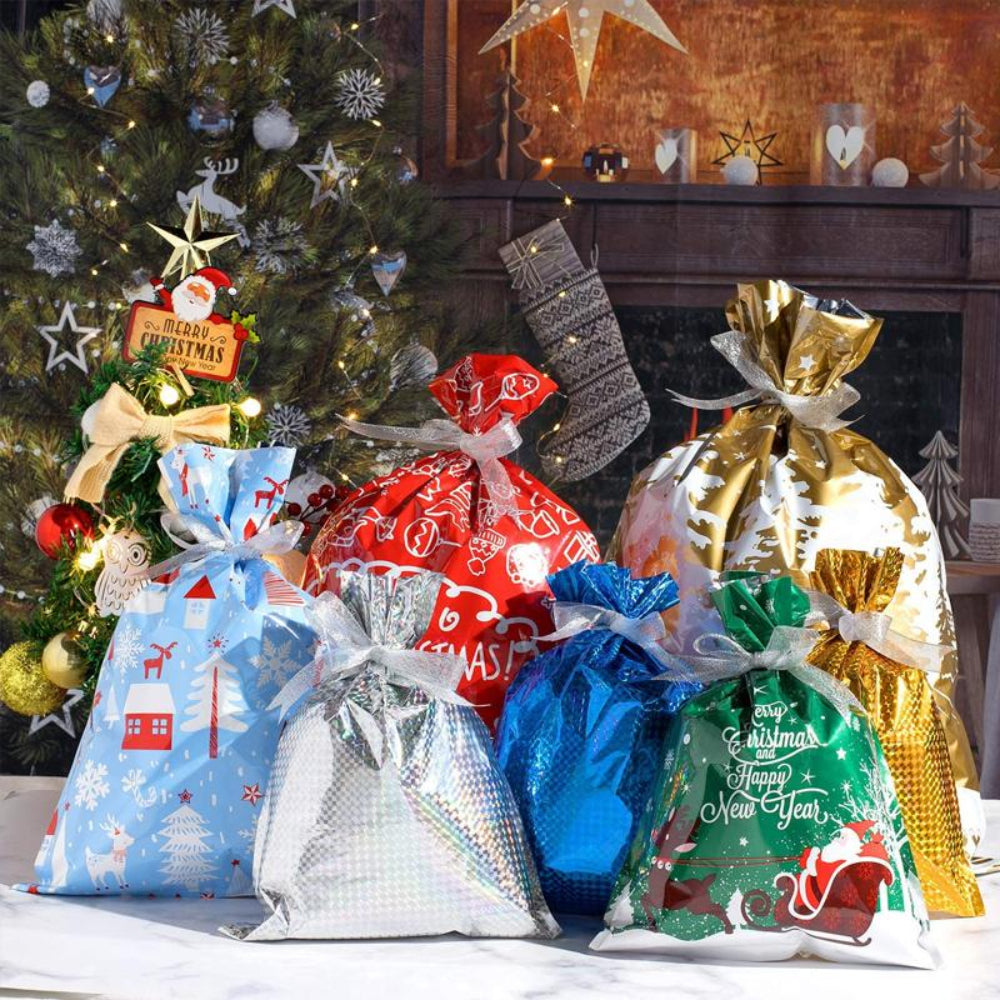 Brehn | Wiederverwendbare Weihnachtsgeschenktaschen aus Aluminiumfolie – Umweltfreundliche Verpackung in verschiedenen Größen mit silbernem Band