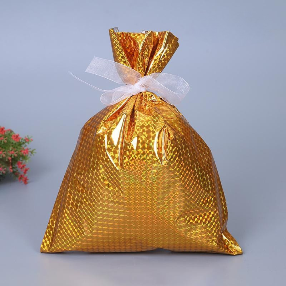 Brehn | Wiederverwendbare Weihnachtsgeschenktaschen aus Aluminiumfolie – Umweltfreundliche Verpackung in verschiedenen Größen mit silbernem Band