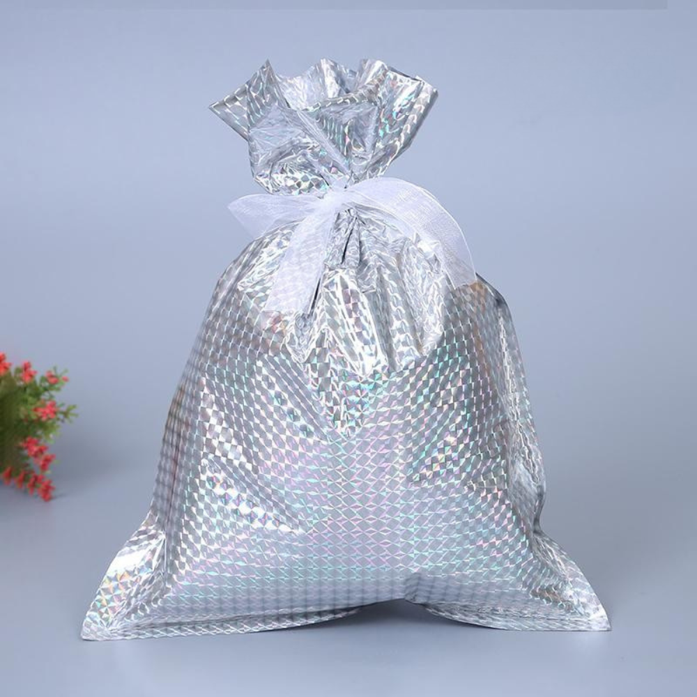 Brehn | Wiederverwendbare Weihnachtsgeschenktaschen aus Aluminiumfolie – Umweltfreundliche Verpackung in verschiedenen Größen mit silbernem Band