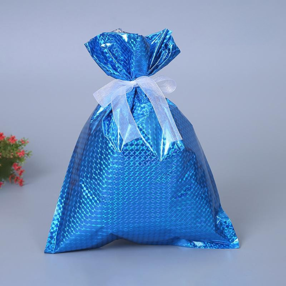 Brehn | Wiederverwendbare Weihnachtsgeschenktaschen aus Aluminiumfolie – Umweltfreundliche Verpackung in verschiedenen Größen mit silbernem Band