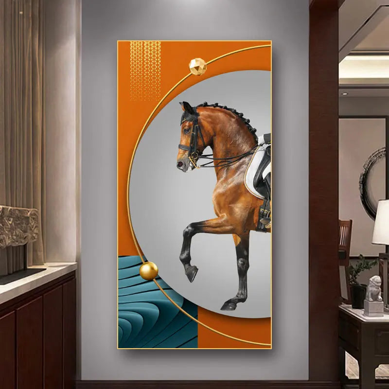 Elegante Reiter Wandkunst Fine Art Leinwanddruck Majestätisches Braunes Pferdeporträt auf abstraktem orangen Hintergrund für Bilder für moderne Inneneinrichtung