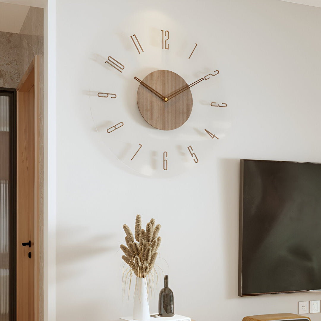 ClearWood Transparente Wanduhr – Stiller Quartz mit Holzdetails | Brehn