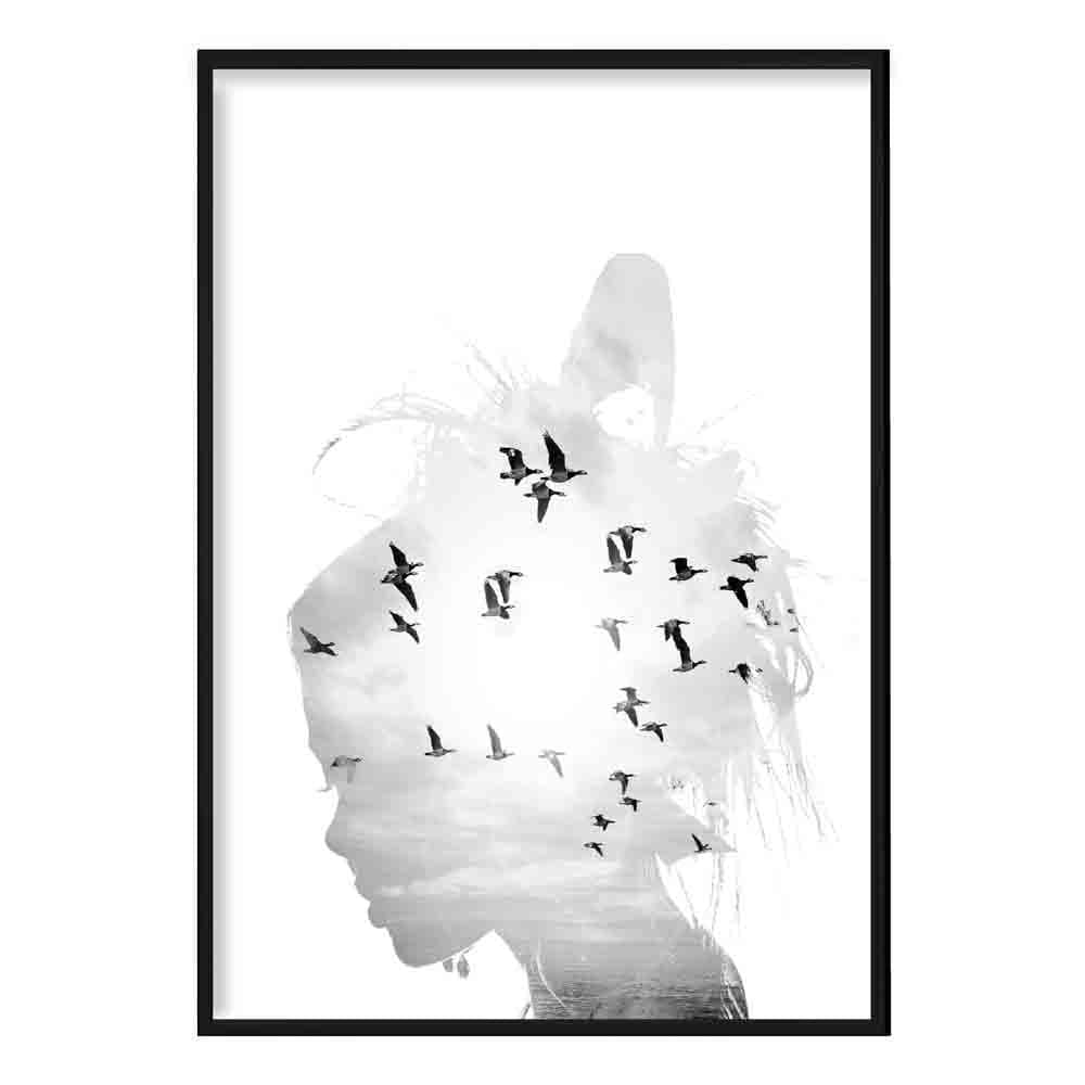 Schwarz-Weiß-Modefoto: Frauensilhouette, Vogelmotiv