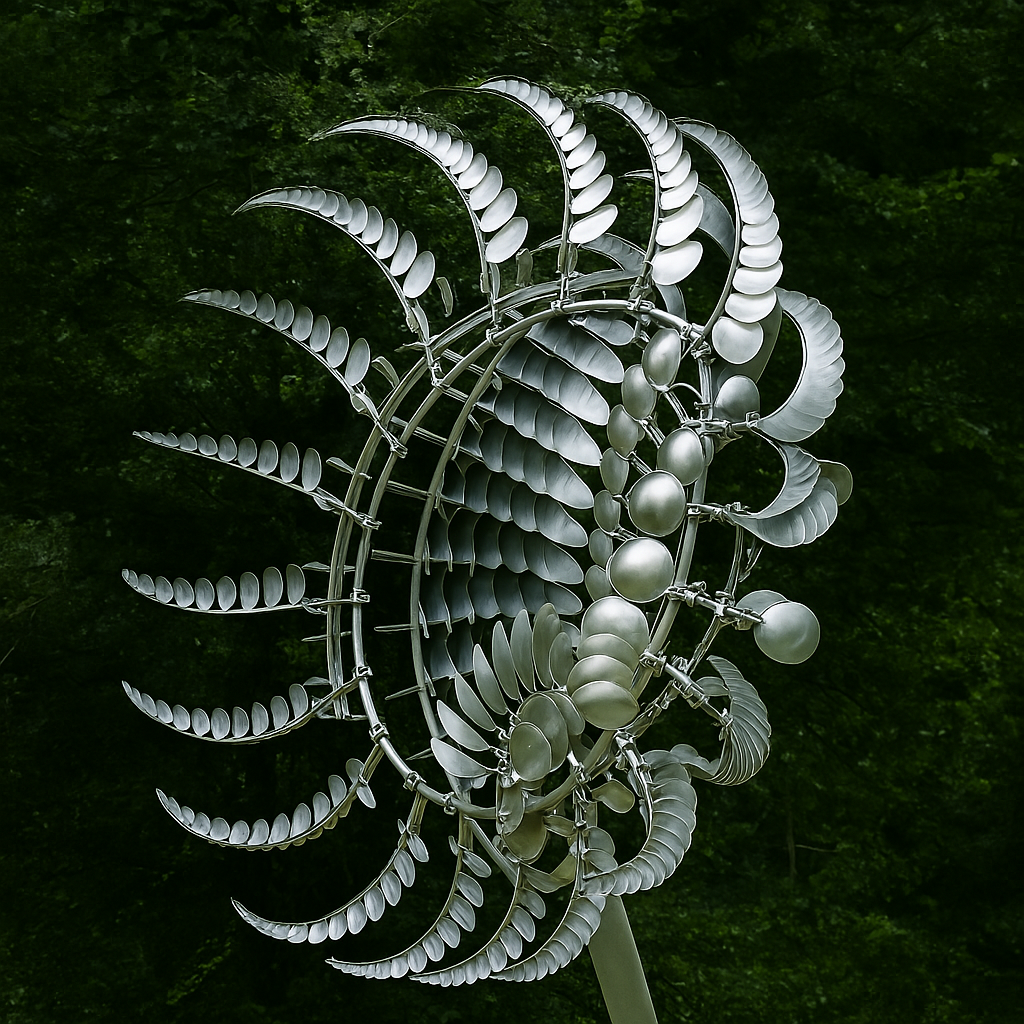Garten-Windspiel-Skulptur aus silberfarbenem Metall