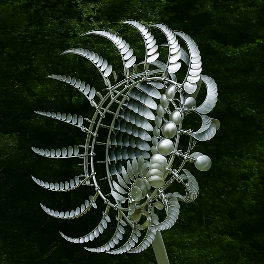 Garten-Windspiel-Skulptur aus silberfarbenem Metall
